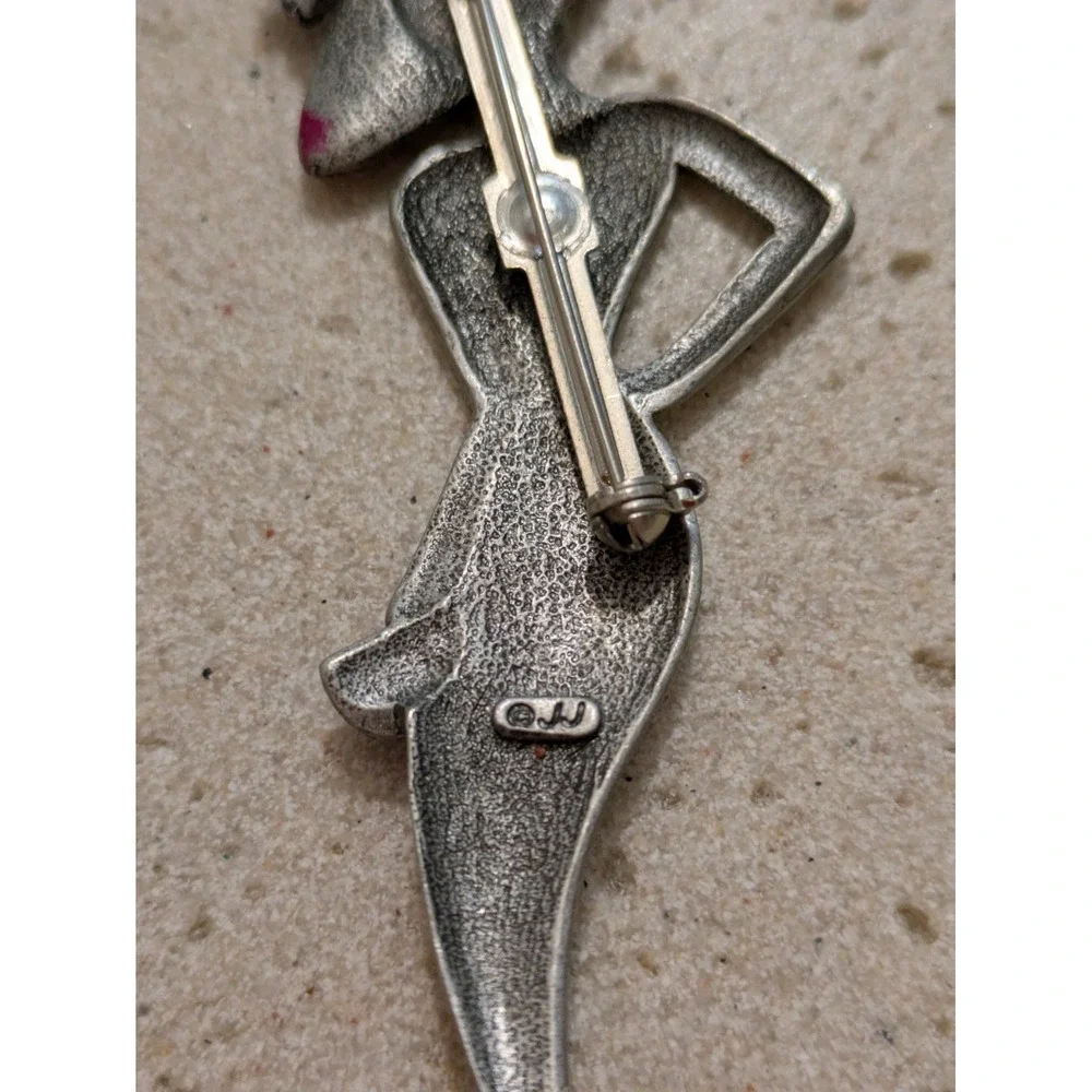 Vintage JJ Brooch Red Hat Woman Lady Silver Tone Large 3 Inches Pewter